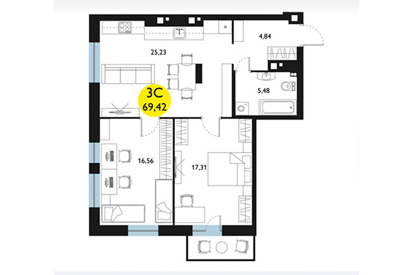 3-комнатная квартира 69,42 м² в ЖК Ясный берег. Планировка