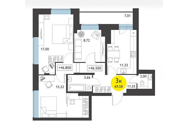 3-комнатная квартира 69,58 м² в ЖК Ясный берег. Планировка