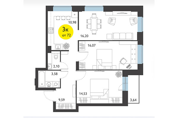 3-комнатная квартира 72,00 м² в ЖК Ясный берег. Планировка