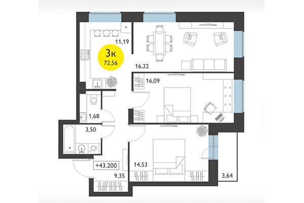 3-комнатная квартира 72,56 м² в ЖК Ясный берег. Планировка