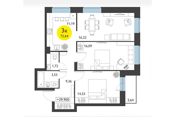 3-комнатная квартира 72,64 м² в ЖК Ясный берег. Планировка