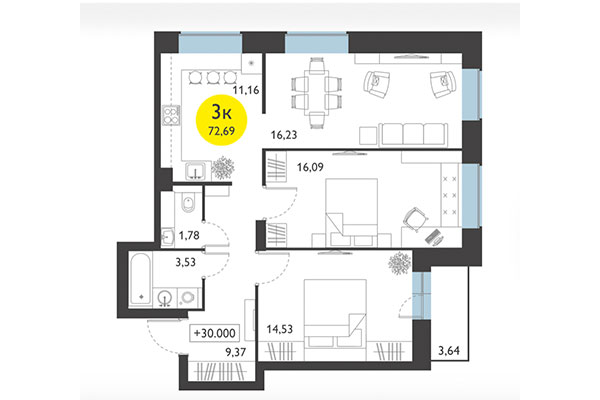 3-комнатная квартира 72,69 м² в ЖК Ясный берег. Планировка