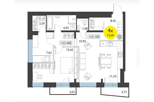 4-комнатная квартира 73,09 м² в ЖК Ясный берег. Планировка