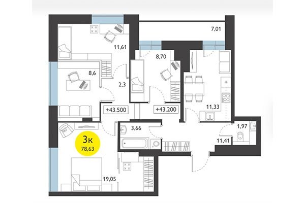 3-комнатная квартира 78,63 м² в ЖК Ясный берег. Планировка