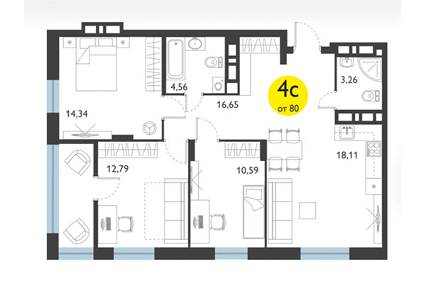 4-комнатная квартира 80,00 м² в ЖК Ясный берег. Планировка