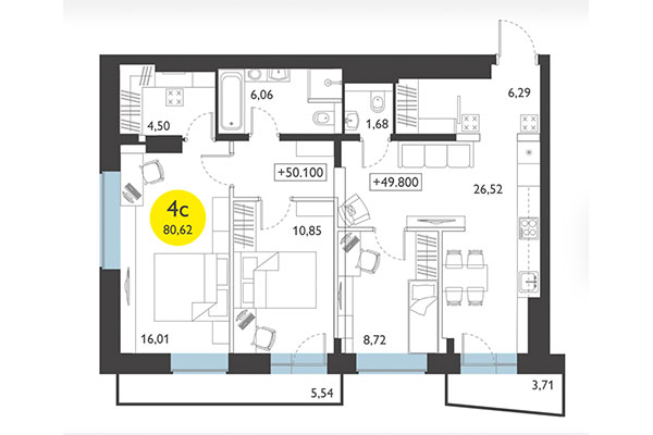 4-комнатная квартира 80,62 м² в ЖК Ясный берег. Планировка