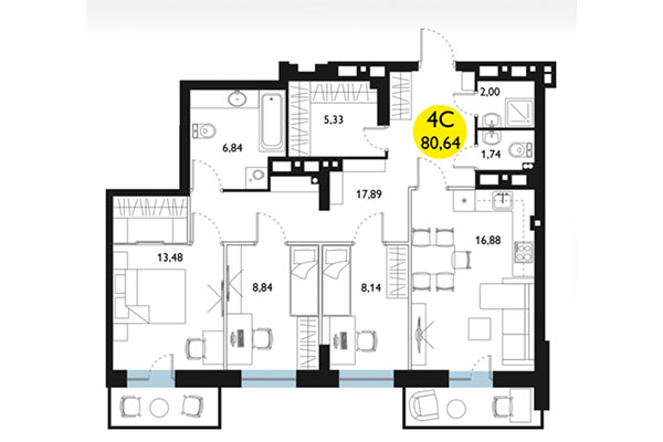 3-комнатная квартира 80,64 м² в ЖК Ясный берег. Планировка