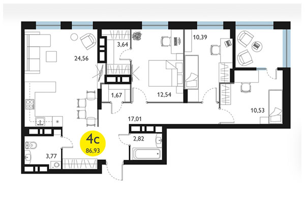 4-комнатная квартира 86,93 м² в ЖК Ясный берег. Планировка