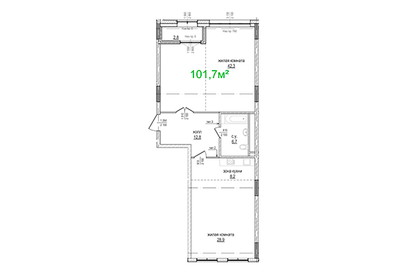 3-комнатная квартира 101,70 м² в ЖК Берлин. Планировка