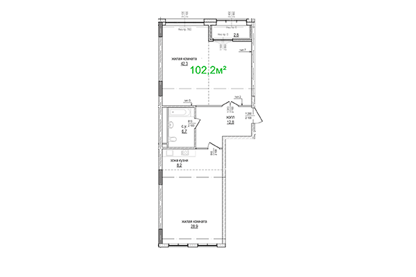 3-комнатная квартира 102,20 м² в ЖК Берлин. Планировка