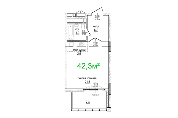 Студия 42,03 м² в ЖК Берлин. Планировка