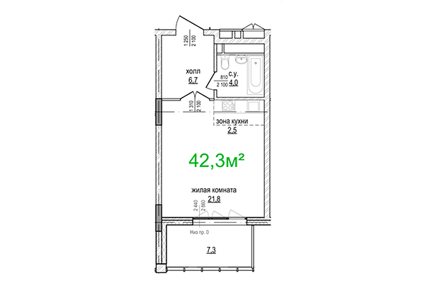 Студия 42,30 м² в ЖК Берлин. Планировка