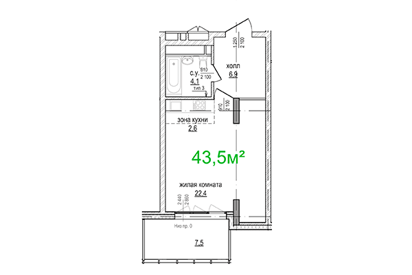 Студия 43,50 м² в ЖК Берлин. Планировка