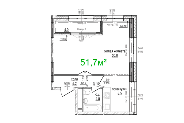 2-комнатная квартира 51,70 м² в ЖК Берлин. Планировка