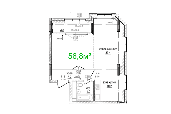 2-комнатная квартира 56,80 м² в ЖК Берлин. Планировка