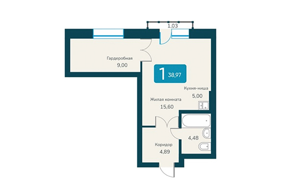 Студия 38,97 м² в ЖК Марсель 2. Планировка