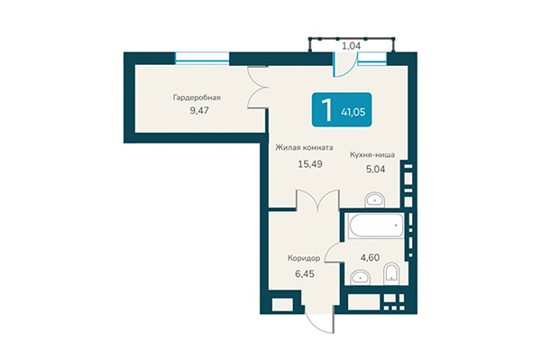 Студия 41,05 м² в ЖК Марсель 2. Планировка