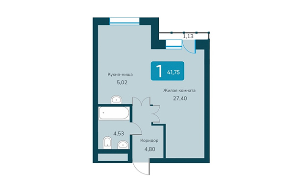 1-комнатная квартира 41,75 м² в ЖК Марсель 2. Планировка