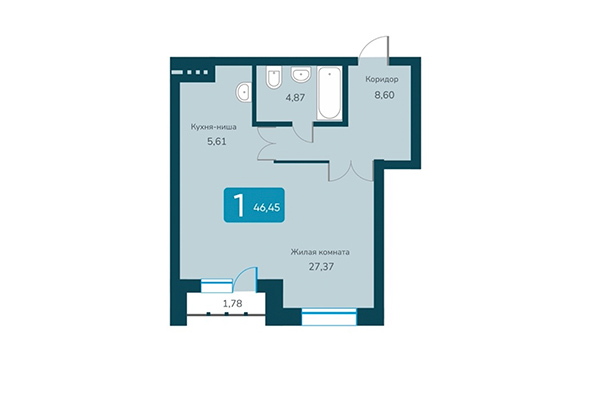 1-комнатная квартира 46,45 м² в ЖК Марсель 2. Планировка