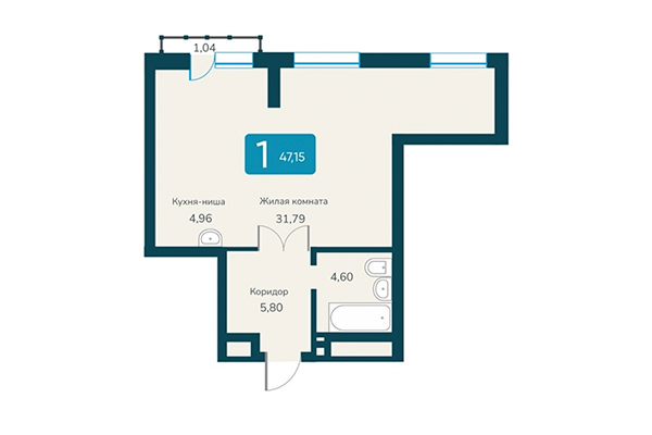 1-комнатная квартира 47,15 м² в ЖК Марсель 2. Планировка