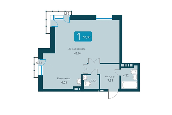 2-комнатная квартира 62,08 м² в ЖК Марсель 2. Планировка