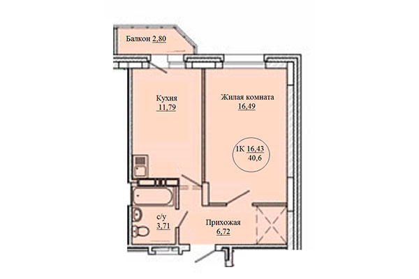 1-комнатная квартира 40,60 м² в Дом на Костычева. Планировка