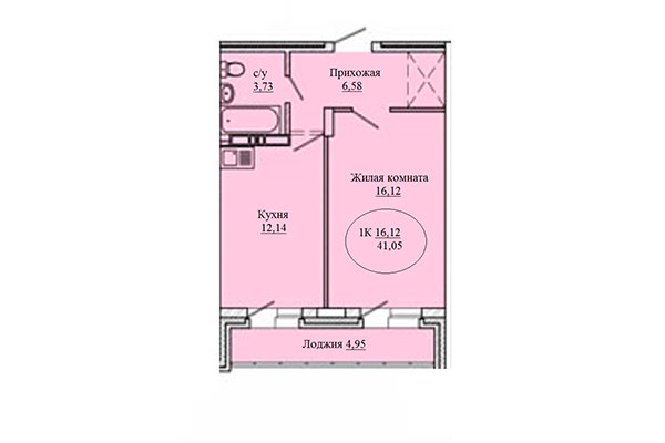 1-комнатная квартира 41,05 м² в Дом на Костычева. Планировка