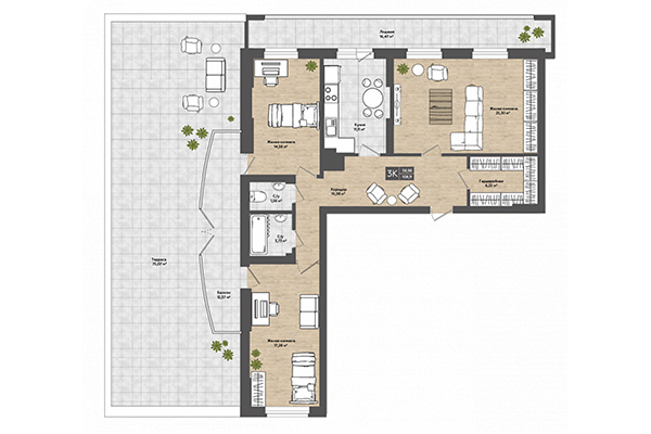 3-комнатная квартира 108,11 м² в ЖК Сосны. Планировка