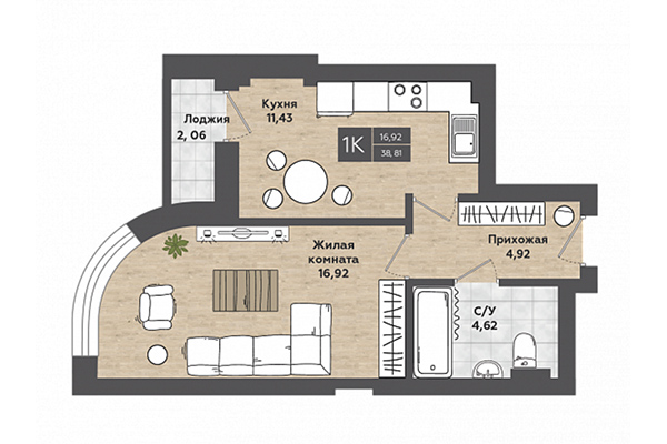 1-комнатная квартира 38,81 м² в ЖК Сосны. Планировка