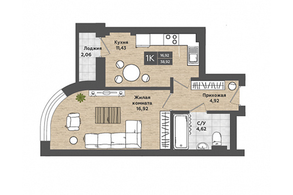 1-комнатная квартира 38,92 м² в ЖК Сосны. Планировка