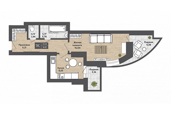 1-комнатная квартира 41,87 м² в ЖК Сосны. Планировка