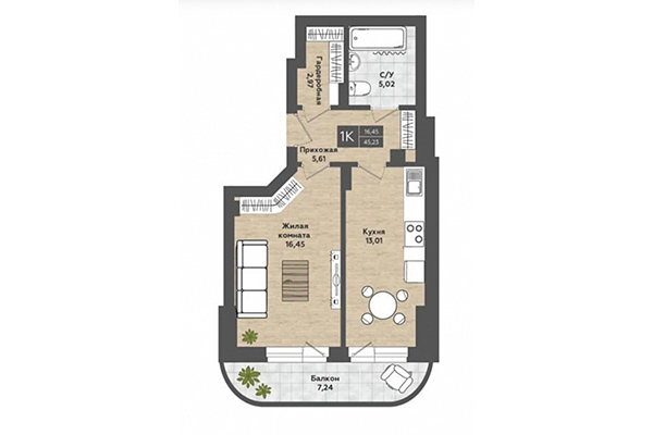 1-комнатная квартира 45,23 м² в ЖК Сосны. Планировка