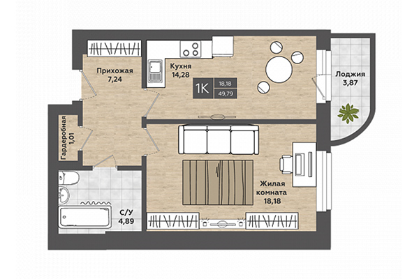 1-комнатная квартира 49,79 м² в ЖК Сосны. Планировка