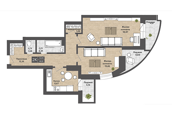 2-комнатная квартира 68,16 м² в ЖК Сосны. Планировка