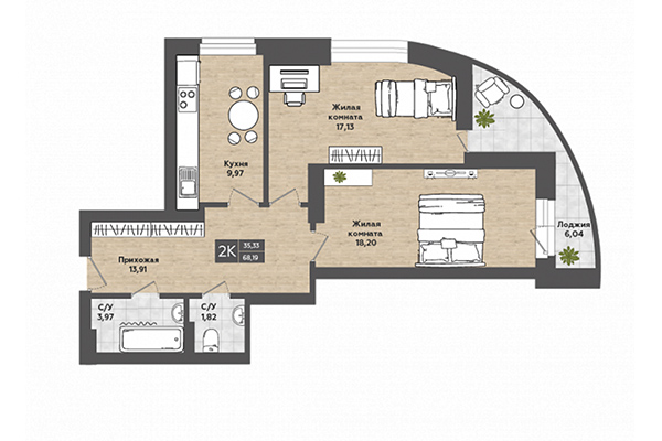 2-комнатная квартира 68,18 м² в ЖК Сосны. Планировка