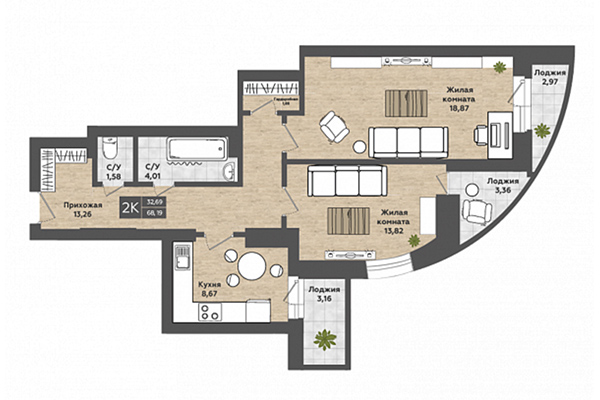 2-комнатная квартира 68,19 м² в ЖК Сосны. Планировка