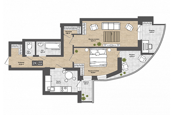 2-комнатная квартира 69,54 м² в ЖК Сосны. Планировка