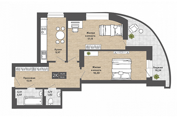 2-комнатная квартира 70,12 м² в ЖК Сосны. Планировка