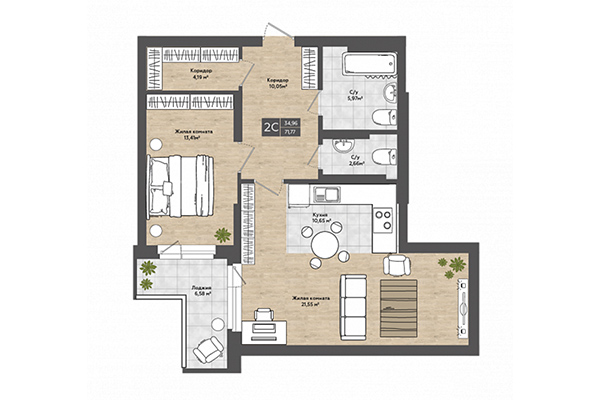 2-комнатная квартира 71,77 м² в ЖК Сосны. Планировка