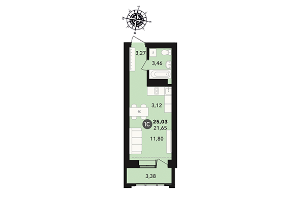 Студия 25,03 м² в ЖК Державина 50. Планировка