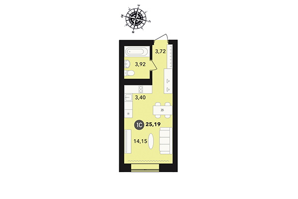 Студия 25,19 м² в ЖК Державина 50. Планировка