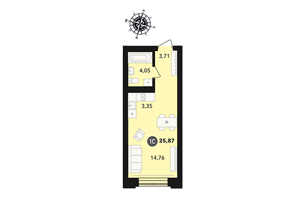 Студия 25,87 м² в ЖК Державина 50. Планировка