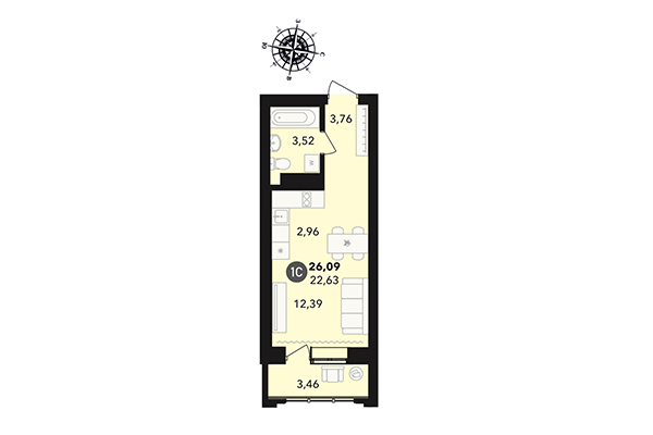 Студия 26,09 м² в ЖК Державина 50. Планировка