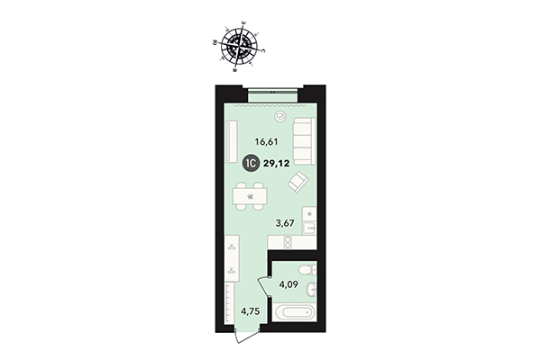 Студия 29,12 м² в ЖК Державина 50. Планировка