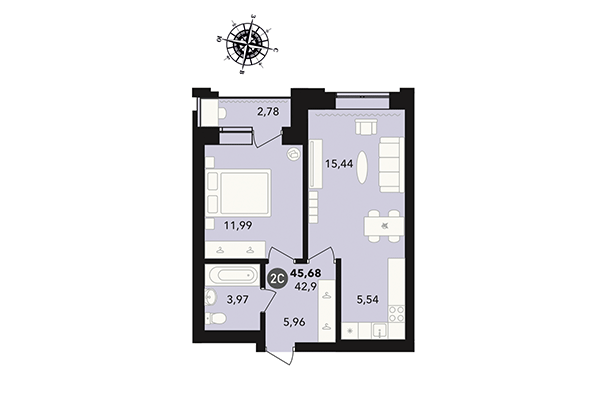 2-комнатная квартира 45,68 м² в ЖК Державина 50. Планировка