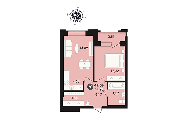 2-комнатная квартира 47,06 м² в ЖК Державина 50. Планировка