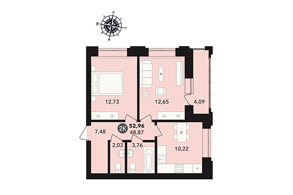 2-комнатная квартира 52,96 м² в ЖК Державина 50. Планировка