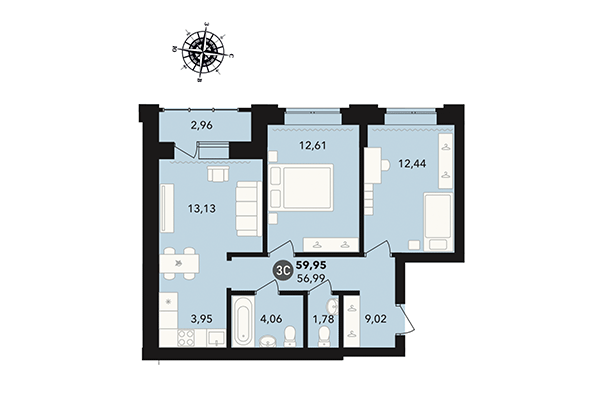 3-комнатная квартира 59,95 м² в ЖК Державина 50. Планировка