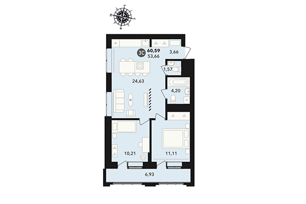 3-комнатная квартира 60,59 м² в ЖК Державина 50. Планировка