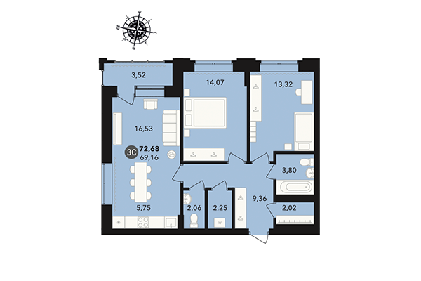 3-комнатная квартира 72,68 м² в ЖК Державина 50. Планировка